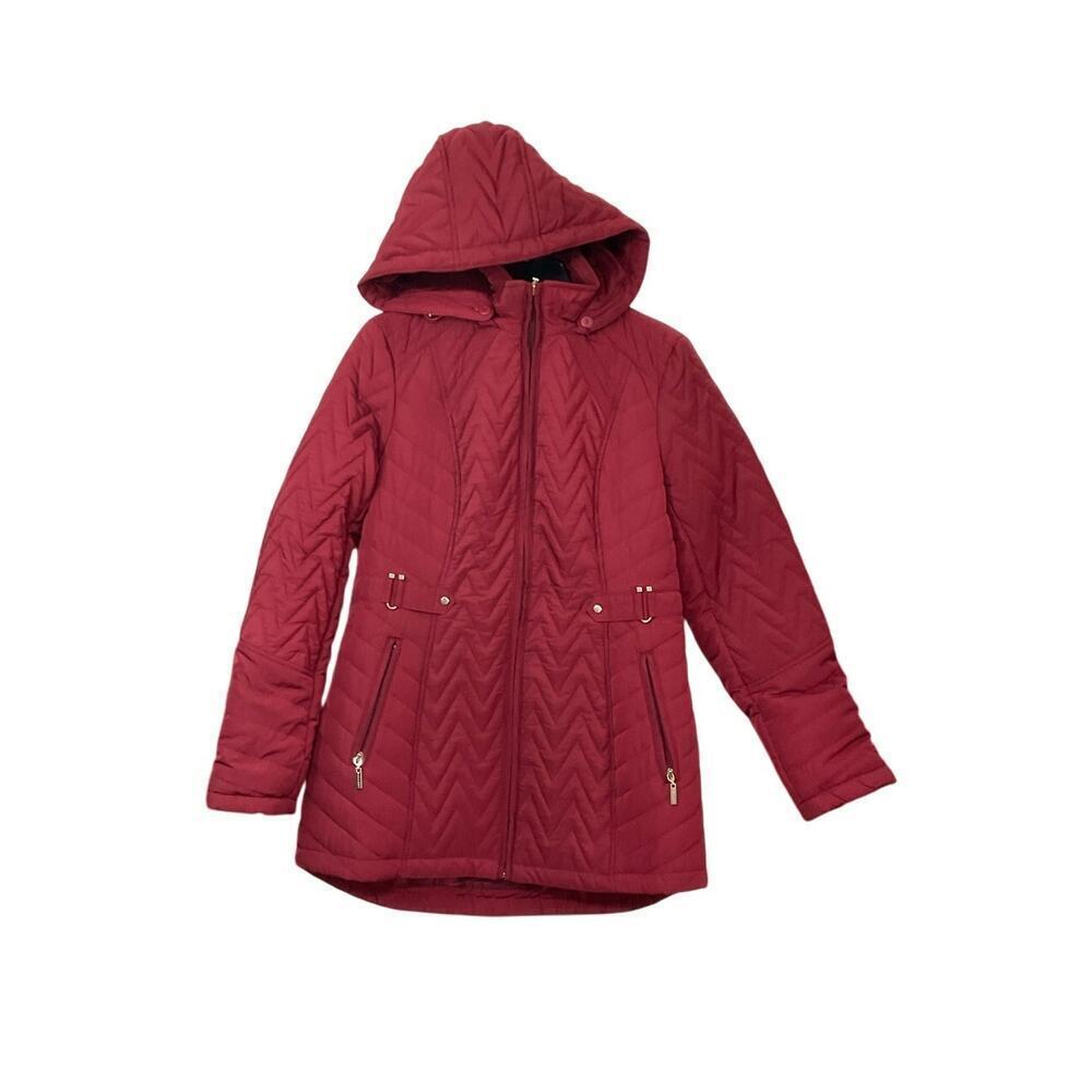 Nordstrom Women's Gallery Hooded Quilted Merlot Jacket Removable Fur Hood Sz S